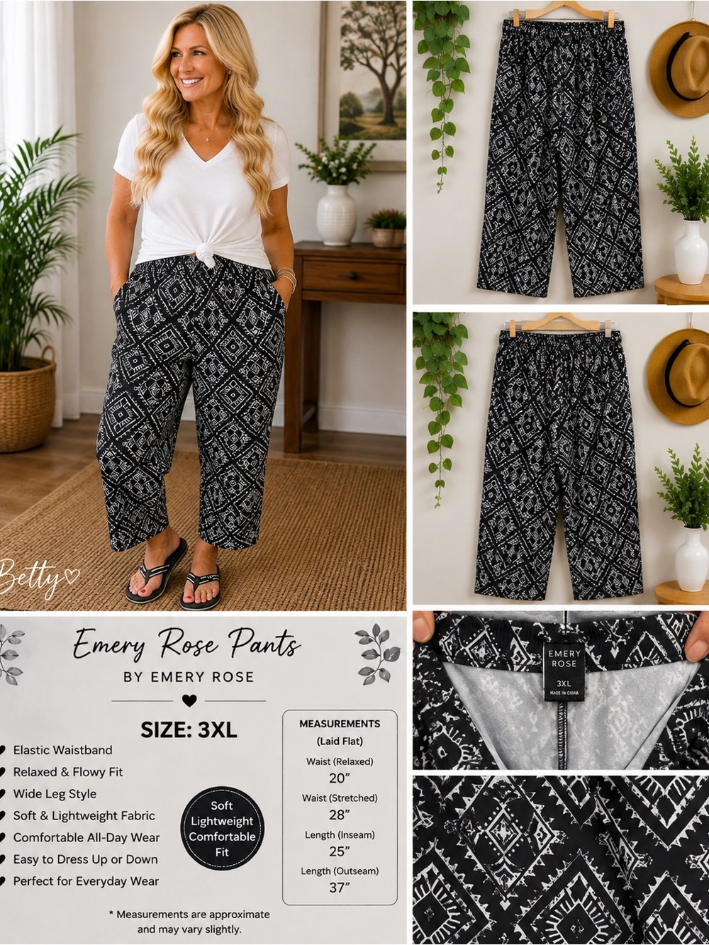 Emery Rose Black Patterned Wide-Leg Pants